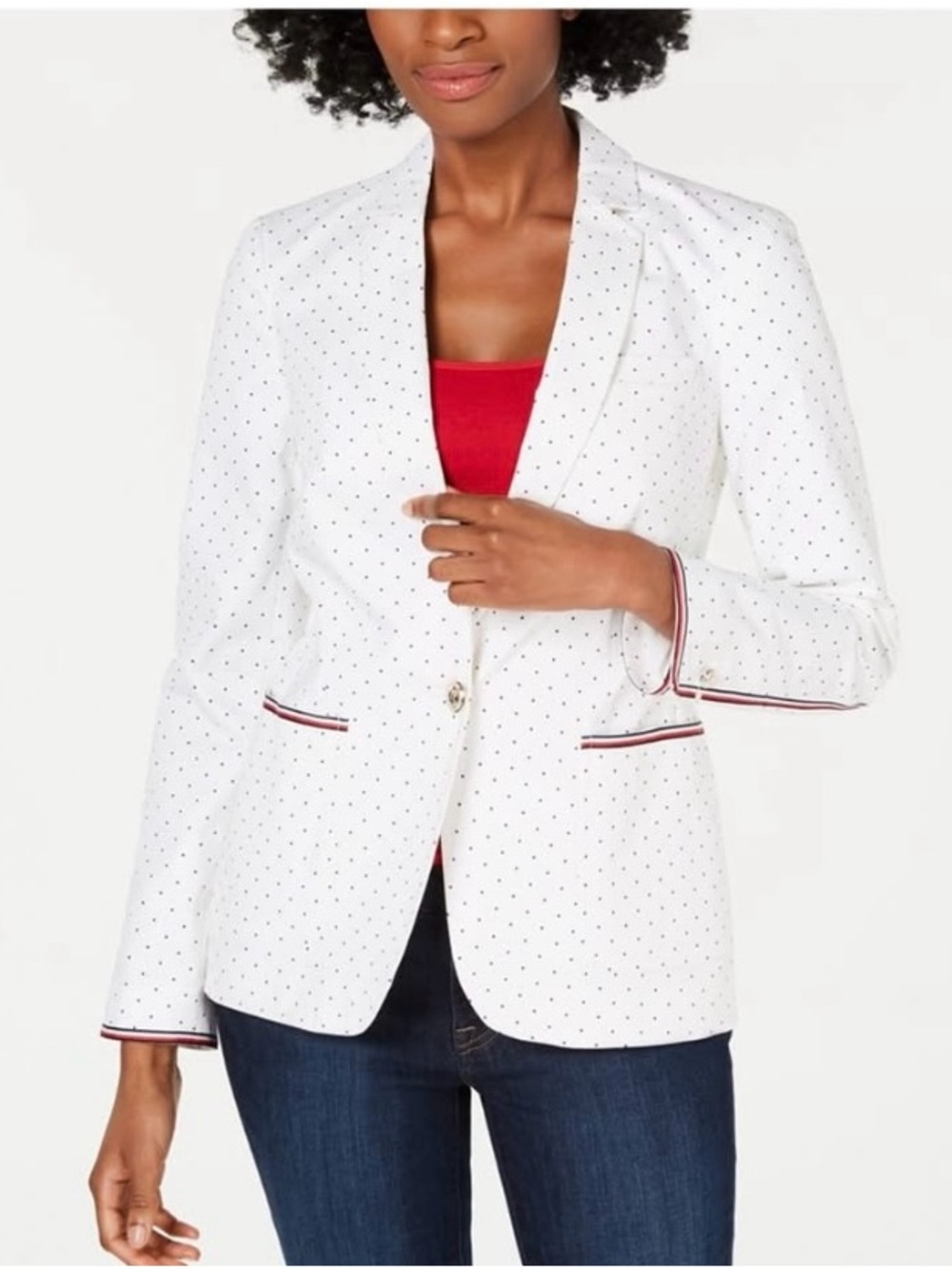 Tommy Hilfiger Sz 8 White Blazer W/ Black Polka Dot & Red, White, Blue Trim